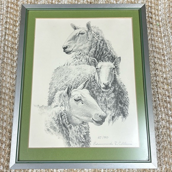 Amish Artist Edmund R Collens 47/50 Framed Print Sheep with Silver Frame